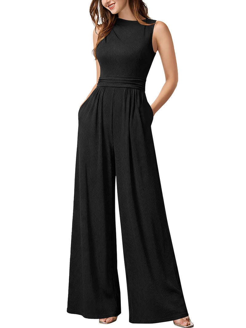 Miusol Women's Casual Sleeveless Mock Neck Ruched Wide Leg Jumpsuit Summer Formal Long Romper with Pockets (X-Large, Black) - Image 1