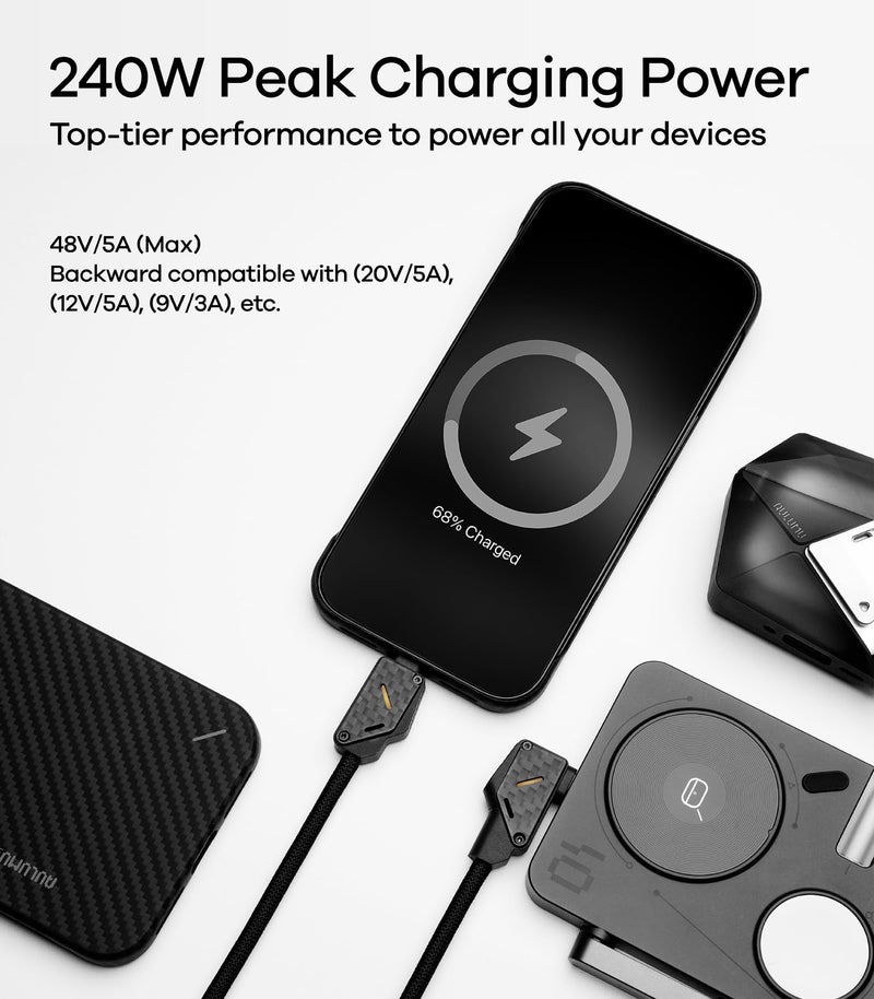 Aulumu كابل ألومو M07 240 واط USB-C إلى USB-C من ألياف الكربون | USB 3.1 جين 2 10 جيجابت في الثانية | إخراج فيديو 4K@60Hz شحن سريع | لجهاز آيفون 17/16/15 برو ماكس، NVMe SSD، جالاكسي S25/S24/S23 ألترا، ماك بوك برو - أسود 6.6 قدم - Image 3