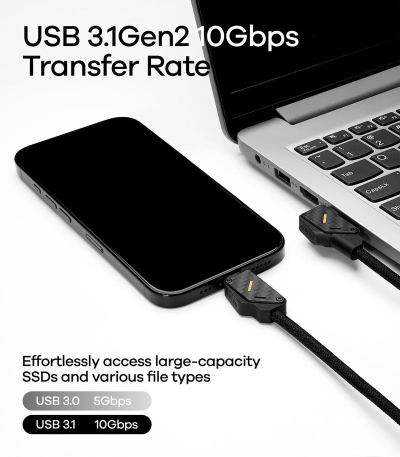 Aulumu كابل ألومو M07 240 واط USB-C إلى USB-C من ألياف الكربون | USB 3.1 جين 2 10 جيجابت في الثانية | إخراج فيديو 4K@60Hz شحن سريع | لجهاز آيفون 17/16/15 برو ماكس، NVMe SSD، جالاكسي S25/S24/S23 ألترا، ماك بوك برو - أسود 6.6 قدم - Image 4