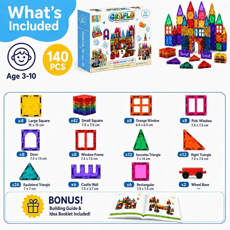 GRAFLO Magnetic Building Tiles 140 Pcs Set of Vibrant 3D Blocks, Encourages Creative Construction, Promotes Educational Brain Development, Stimulates Imagination, STEM Toy for Kids Ages 3-10 Years - Image 3