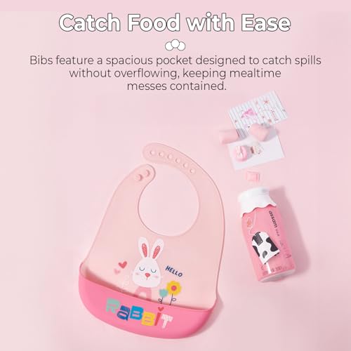 StarAndDaisy Reusable Silicone Bib for Baby with Adjustable Buttons for Mess-Free Feeding, Weaning, and Easy Cleaning and Waterproof. (Printed-Rabbit-Pink) - Image 5
