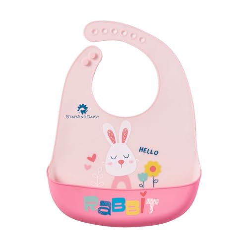 StarAndDaisy Reusable Silicone Bib for Baby with Adjustable Buttons for Mess-Free Feeding, Weaning, and Easy Cleaning and Waterproof. (Printed-Rabbit-Pink) - Image 1