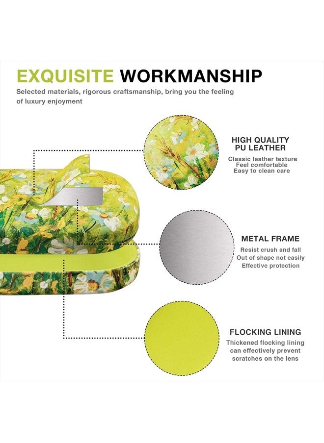 molshine - Hard Shell Leather Sunglasses Case,Classic Large Glasses Case for Women Men,Sunglass Eyeglasses (Green Daisy) - Image 1