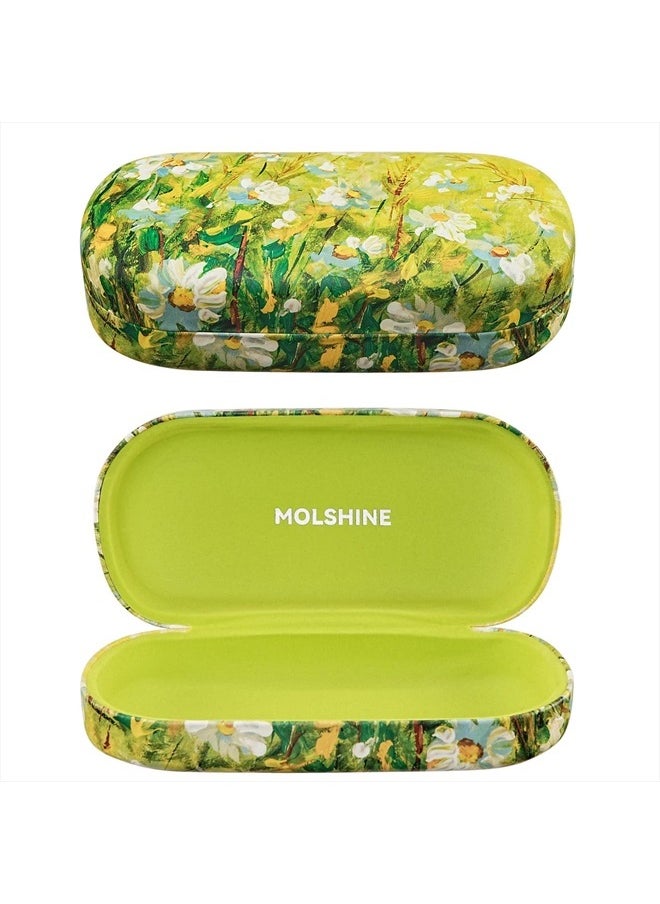 molshine - Hard Shell Leather Sunglasses Case,Classic Large Glasses Case for Women Men,Sunglass Eyeglasses (Green Daisy) - Image 1