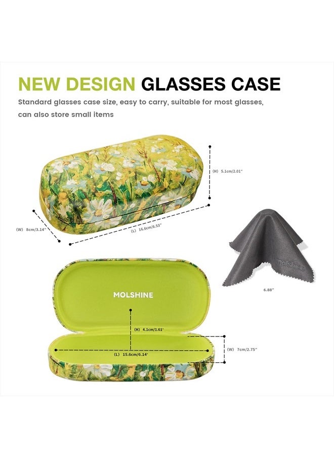 molshine - Hard Shell Leather Sunglasses Case,Classic Large Glasses Case for Women Men,Sunglass Eyeglasses (Green Daisy) - Image 1