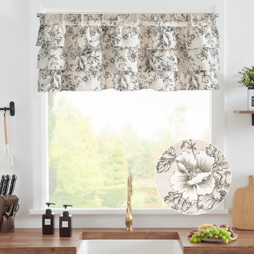 jinchan Ruffled Floral Valance Linen Shabbychic Small Window Curtain 18 Inch Farmhouse Kitchen Valance for Bedroom Living Room Decor Cottage Rustic Window Treatments 1 Panel Black on Beige - Image 2