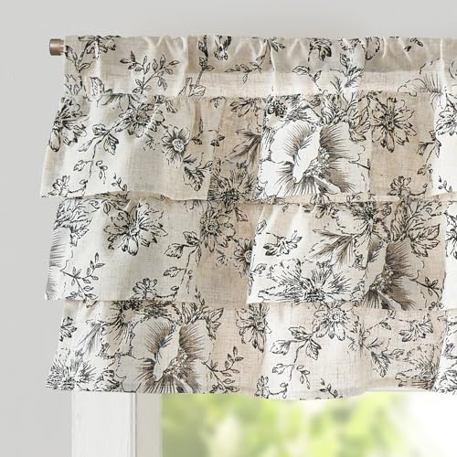 jinchan Ruffled Floral Valance Linen Shabbychic Small Window Curtain 18 Inch Farmhouse Kitchen Valance for Bedroom Living Room Decor Cottage Rustic Window Treatments 1 Panel Black on Beige - Image 1