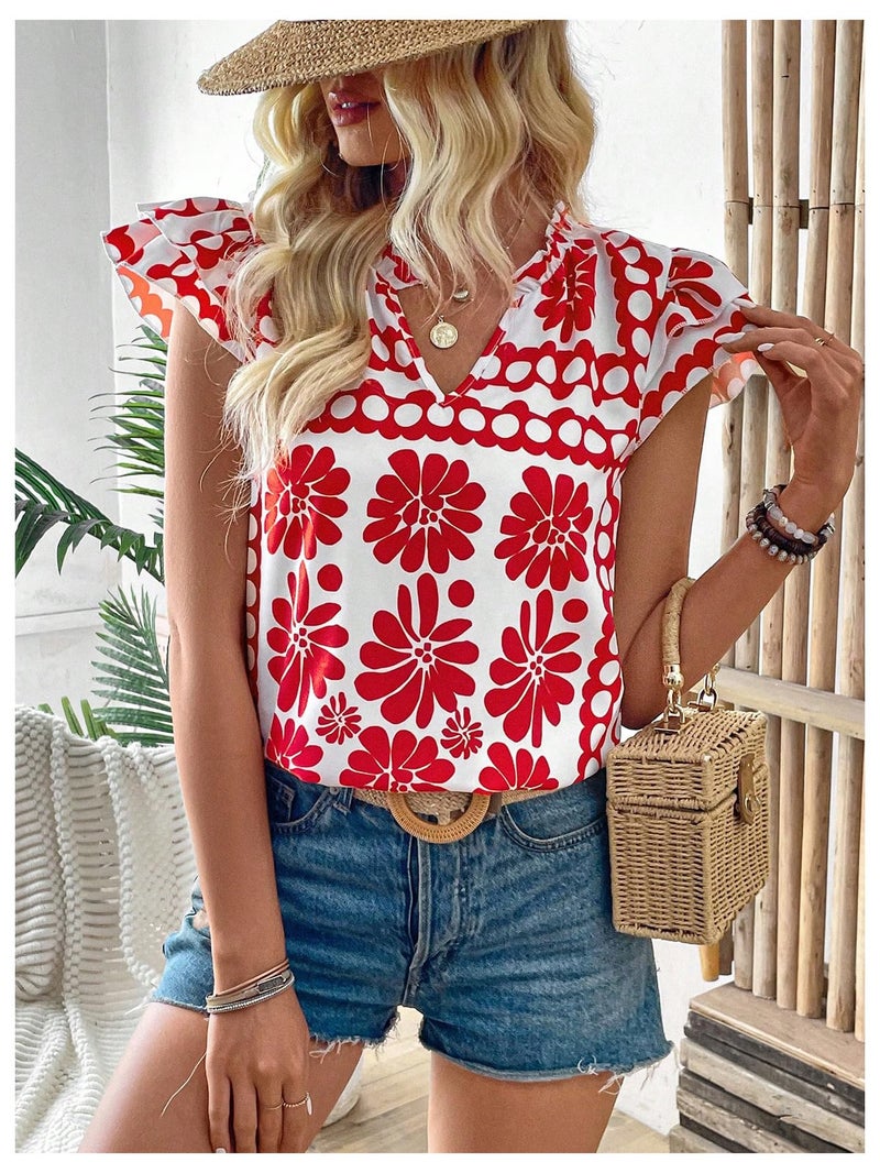 Floerns Women's Striped Ruffle Cap Sleeve Tops Summer Blouse Tops V Neck Business Causal Work Outfits for 2025 Red Flower Small - Image 4