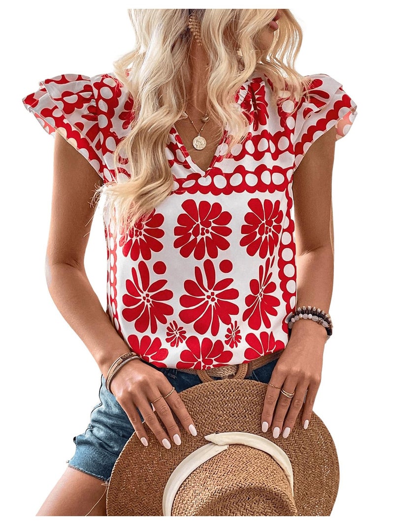 Floerns Women's Striped Ruffle Cap Sleeve Tops Summer Blouse Tops V Neck Business Causal Work Outfits for 2025 Red Flower Small - Image 1