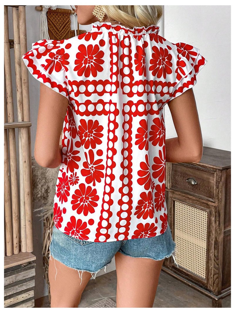 Floerns Women's Striped Ruffle Cap Sleeve Tops Summer Blouse Tops V Neck Business Causal Work Outfits for 2025 Red Flower Small - Image 2