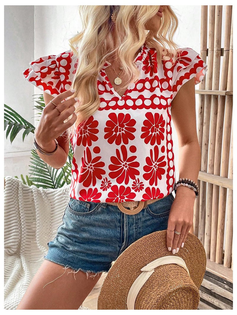 Floerns Women's Striped Ruffle Cap Sleeve Tops Summer Blouse Tops V Neck Business Causal Work Outfits for 2025 Red Flower Small - Image 5