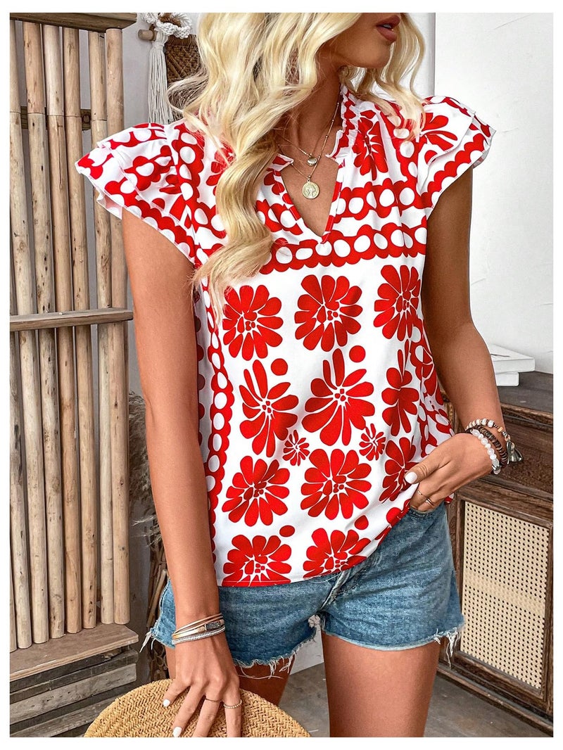 Floerns Women's Striped Ruffle Cap Sleeve Tops Summer Blouse Tops V Neck Business Causal Work Outfits for 2025 Red Flower Small - Image 3