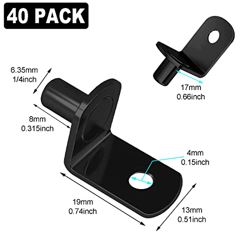 Cerpourt 40 Pcs Shelf Pins Pegs,1/4 Inch L-Shaped Shelf Support Pegs,Bookshelf Pegs for Shelves,Cabinet Shelf Bracket Pegs with Hole,Shelf Pins Holders for Kitchen Furniture & Closet (Black) - Image 2