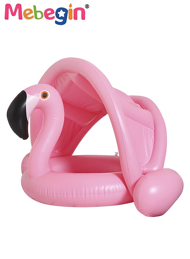 MEBEGIN Flamingo Shape Shark Shape Swimming Ring with Adjustable Canopy, Inflatable Baby Pool Float, Swimming Ring with Safety Seat, Comfortable Infant Floaty, Fun Water Toys for Kids, Suitable for Family Swimming Pools, Outdoor Trips, Lakes and Beaches, 90*62cm - Image 2