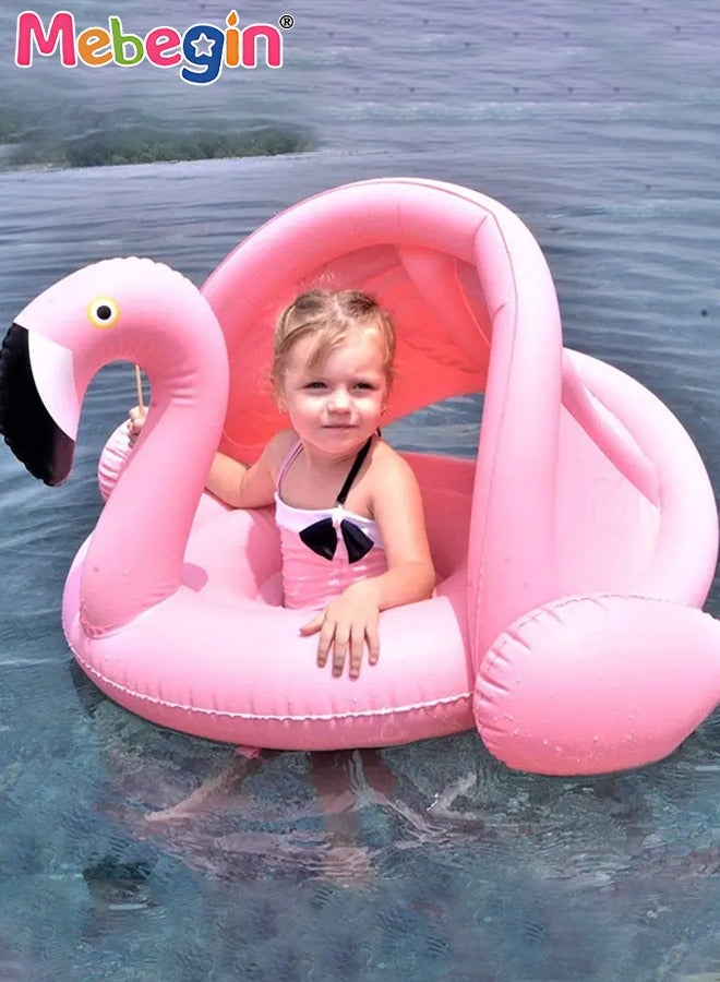 MEBEGIN Flamingo Shape Shark Shape Swimming Ring with Adjustable Canopy, Inflatable Baby Pool Float, Swimming Ring with Safety Seat, Comfortable Infant Floaty, Fun Water Toys for Kids, Suitable for Family Swimming Pools, Outdoor Trips, Lakes and Beaches, 90*62cm - Image 1