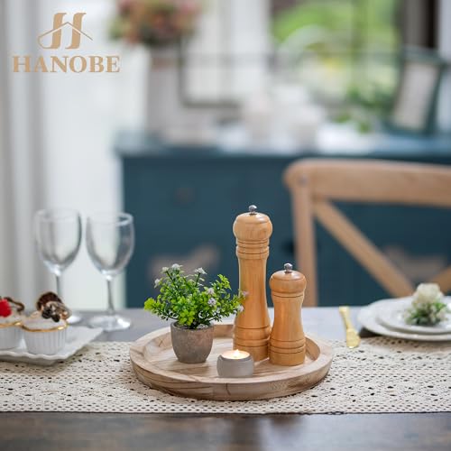 Hanobe Rustic Wooden Serving Tray: Round Wood Decorative Tray Rustic Centerpiece Candle Holder Trays Farmhouse Ottoman Tray for Decor Kitchen Counter Home Decor for Coffee Table - Image 4
