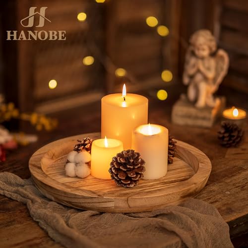 Hanobe Rustic Wooden Serving Tray: Round Wood Decorative Tray Rustic Centerpiece Candle Holder Trays Farmhouse Ottoman Tray for Decor Kitchen Counter Home Decor for Coffee Table - Image 2