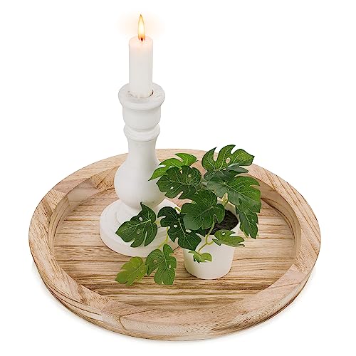 Hanobe Rustic Wooden Serving Tray: Round Wood Decorative Tray Rustic Centerpiece Candle Holder Trays Farmhouse Ottoman Tray for Decor Kitchen Counter Home Decor for Coffee Table - Image 1