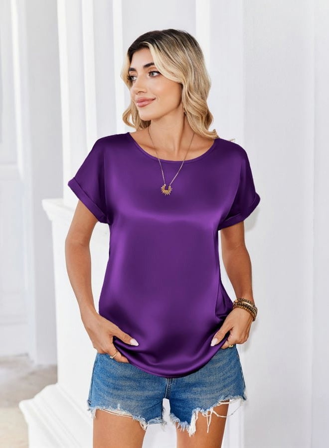 zeagoo Satin Blouse for Women Business Casual Outfit Short Sleeve Tops Crewneck Tshirt Silk Shirt Summer Clothes, Purple, L - Image 5