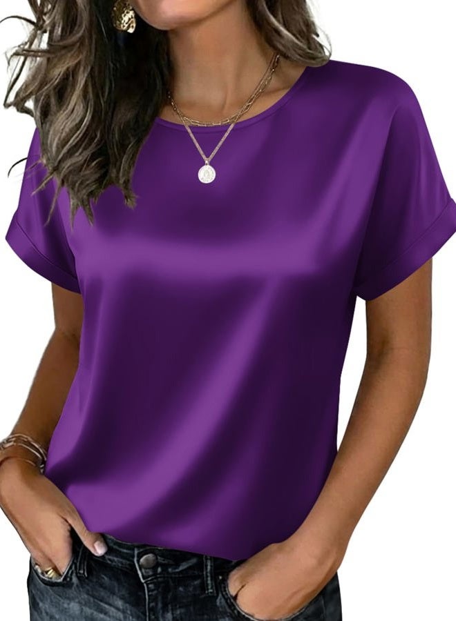 zeagoo Satin Blouse for Women Business Casual Outfit Short Sleeve Tops Crewneck Tshirt Silk Shirt Summer Clothes, Purple, L - Image 1