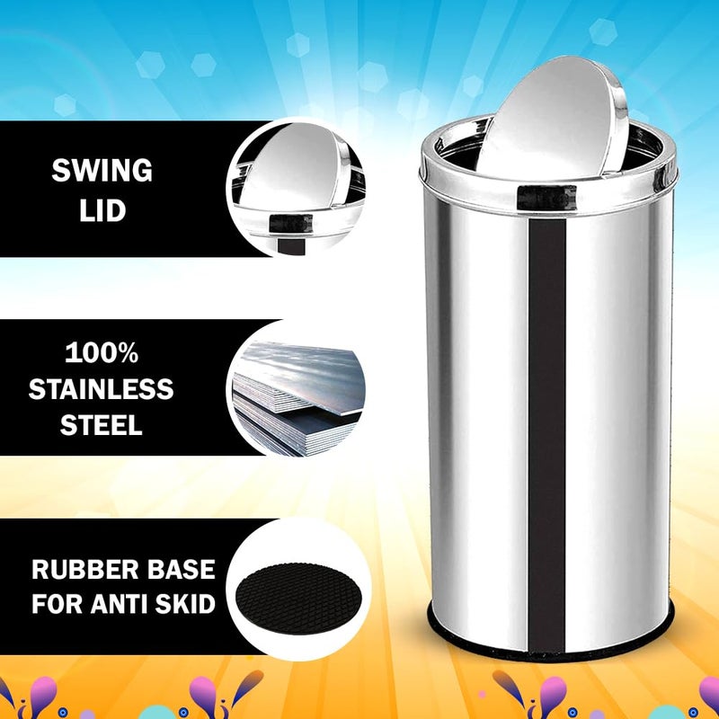 mofna Stainless Steel Swing Dustbin 8x12 Inch10 Ltr Capacity Sleek Design Durable Construction Ideal for Home Office Kitchen Bathroom Convenient Swing Lid Easy to Clean - Image 3