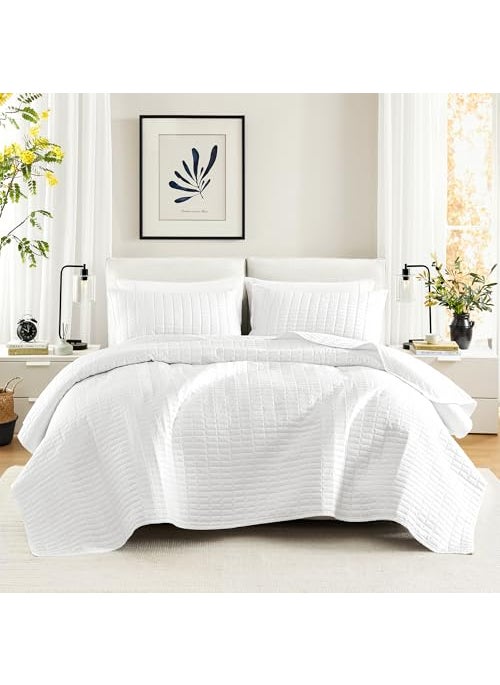 Comfort Spaces Comfort Spaces Kienna Quilt SetLuxury Double Sided Stitching Design Summer Blanket Lightweight Soft All Season Bedding Layer Matching Sham White Coverlet King 104x90 3 Piece 
