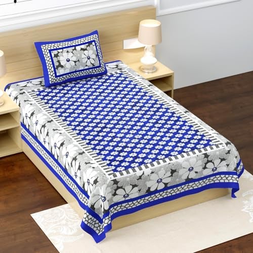 RajasthaniKart® Pure 100% Cotton Single Bed Sheet with 1 Pillow Cover (Bedsheet for Single Bed Cotton, Blue Floral) - Image 1