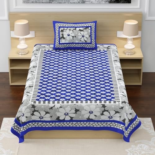 RajasthaniKart® Pure 100% Cotton Single Bed Sheet with 1 Pillow Cover (Bedsheet for Single Bed Cotton, Blue Floral) - Image 2