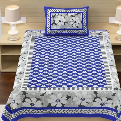 RajasthaniKart® Pure 100% Cotton Single Bed Sheet with 1 Pillow Cover (Bedsheet for Single Bed Cotton, Blue Floral) - Image 3