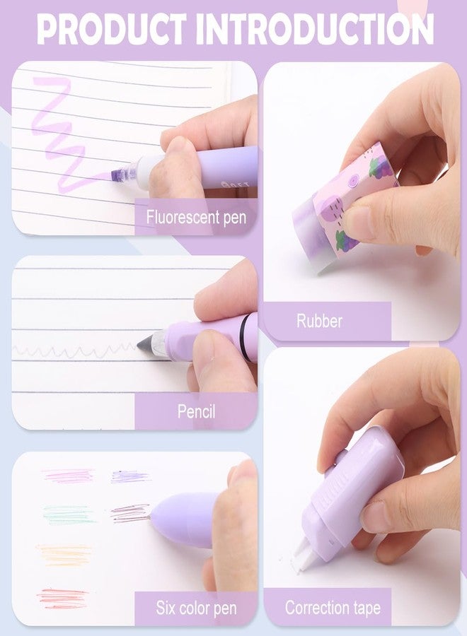 OFIFO® 6-Piece Cute Purple Stationery Set - Includes 6-In-1 Ballpoint Pen, Gel Pen, Long-Lasting Pencil, Eraser, Correction Tape, Highlighter, Suitable for School And Children's Gifts - Image 4