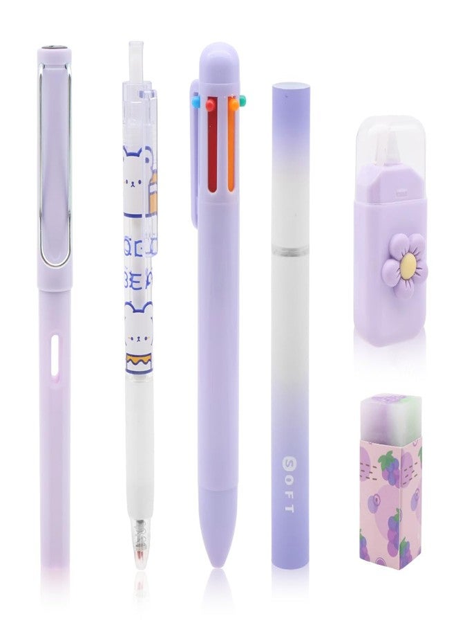 OFIFO® 6-Piece Cute Purple Stationery Set - Includes 6-In-1 Ballpoint Pen, Gel Pen, Long-Lasting Pencil, Eraser, Correction Tape, Highlighter, Suitable for School And Children's Gifts - Image 1