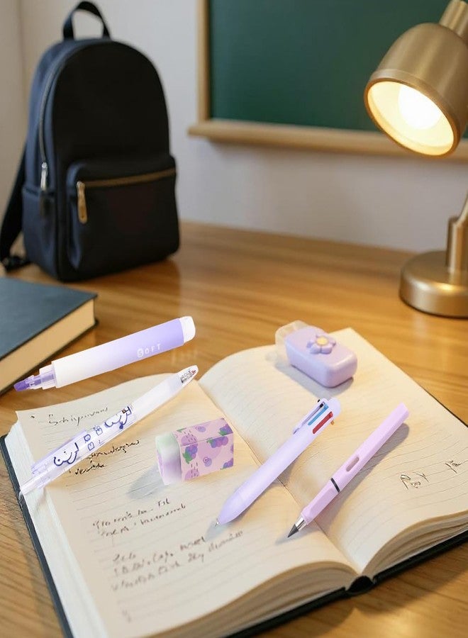 OFIFO® 6-Piece Cute Purple Stationery Set - Includes 6-In-1 Ballpoint Pen, Gel Pen, Long-Lasting Pencil, Eraser, Correction Tape, Highlighter, Suitable for School And Children's Gifts - Image 5