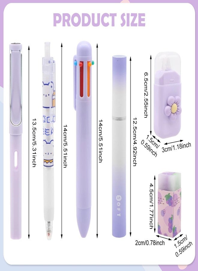 OFIFO® 6-Piece Cute Purple Stationery Set - Includes 6-In-1 Ballpoint Pen, Gel Pen, Long-Lasting Pencil, Eraser, Correction Tape, Highlighter, Suitable for School And Children's Gifts - Image 2