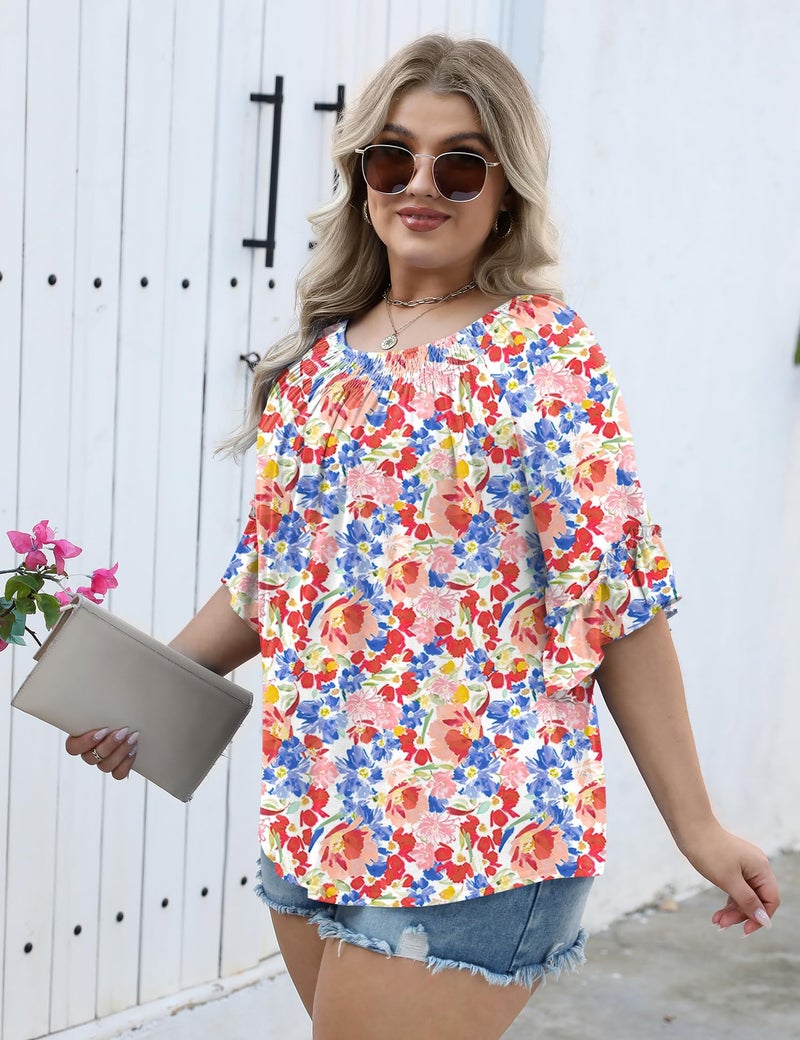 Micoson Plus Size Tops for Women Floral Pleated Womens Dressy Tops Ruffle Short Sleeve Crew Neck Blouses Ladies Tops to Hide Tummy - Image 3