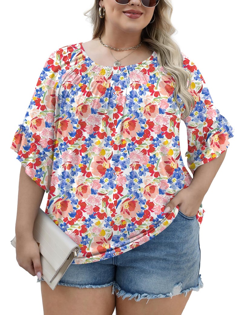 Micoson Plus Size Tops for Women Floral Pleated Womens Dressy Tops Ruffle Short Sleeve Crew Neck Blouses Ladies Tops to Hide Tummy - Image 4