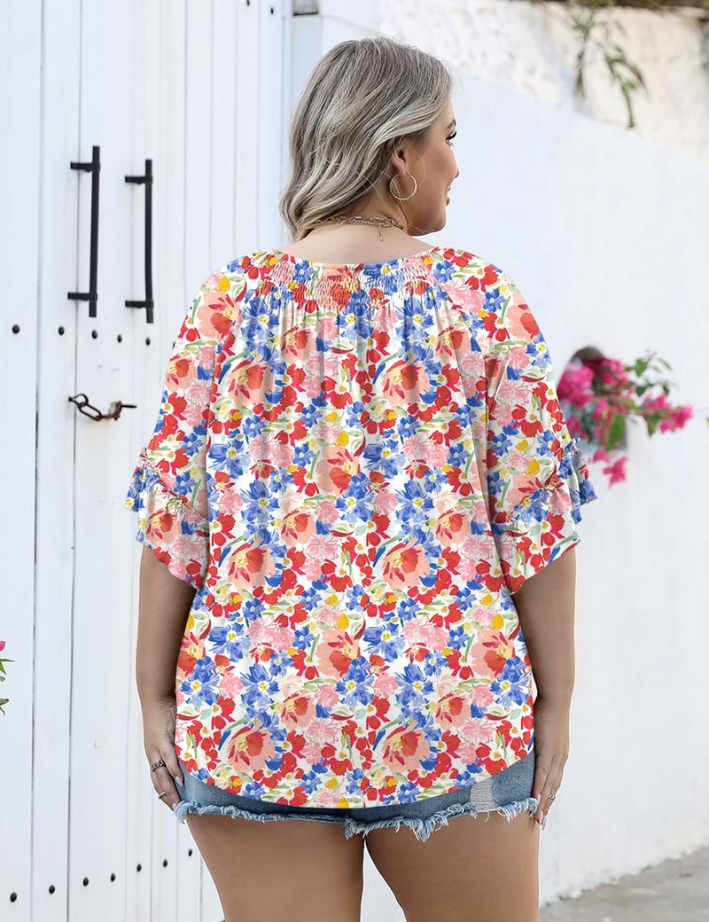 Micoson Plus Size Tops for Women Floral Pleated Womens Dressy Tops Ruffle Short Sleeve Crew Neck Blouses Ladies Tops to Hide Tummy - Image 2