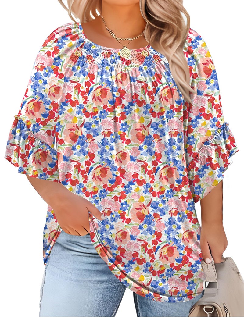Micoson Plus Size Tops for Women Floral Pleated Womens Dressy Tops Ruffle Short Sleeve Crew Neck Blouses Ladies Tops to Hide Tummy - Image 1