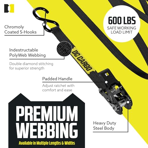 DC Cargo Mall Ratchet Straps Tie Downs 4 Pack (1,800 LB Break Strength) 1" x 15 Feet Tie Down Straps with Safety Lock S Hooks for Cargo, Trucks, Appliances, Moving. - Image 3