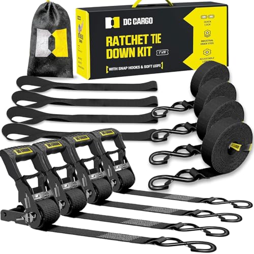 DC Cargo Mall Ratchet Straps Tie Downs 4 Pack (1,800 LB Break Strength) 1" x 15 Feet Tie Down Straps with Safety Lock S Hooks for Cargo, Trucks, Appliances, Moving. - Image 1