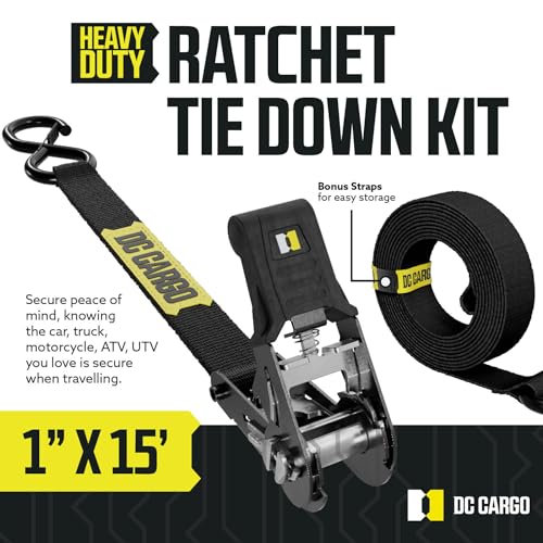 DC Cargo Mall Ratchet Straps Tie Downs 4 Pack (1,800 LB Break Strength) 1" x 15 Feet Tie Down Straps with Safety Lock S Hooks for Cargo, Trucks, Appliances, Moving. - Image 2