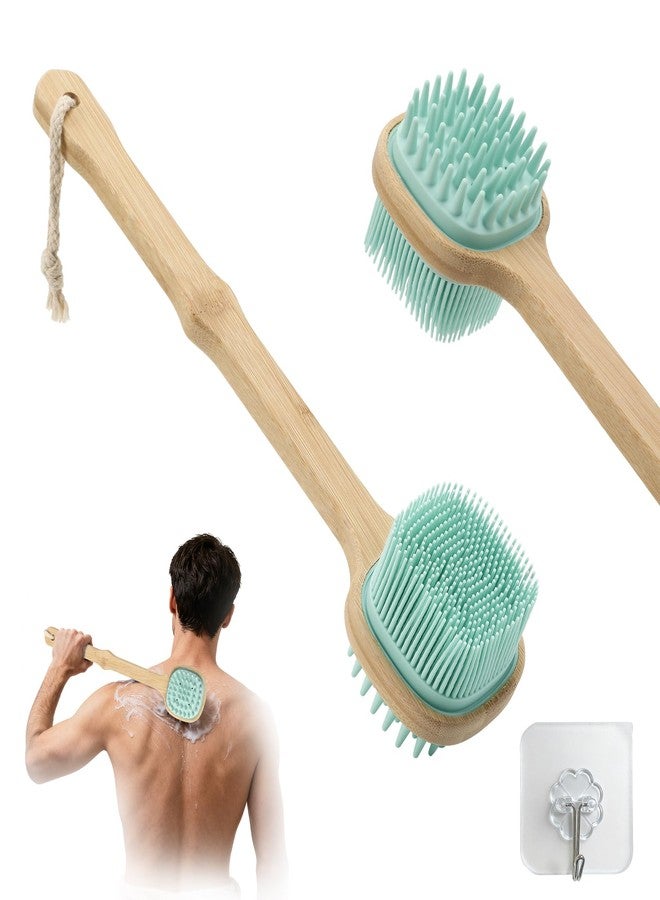 QEYMN Silicone Back Scrubber for Shower, Silicone Bath Body Brush Loofah with Long Handle, Dual-Sided Shower Brush for Body, Lake Blue Exfoliating Body Scrubber for Men Women, Back Washer for Men with Hook - Image 1