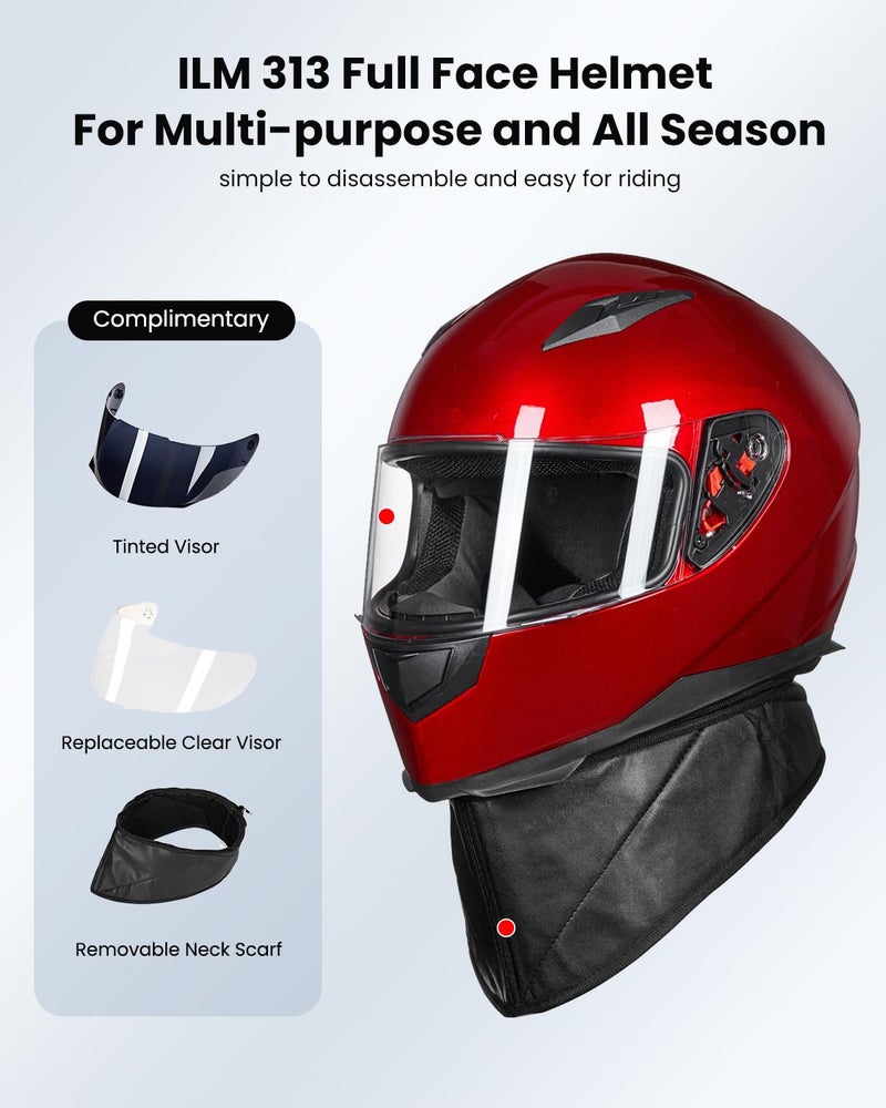 ILM Full Face Motorcycle Street Bike Helmet with Removable Winter Neck Scarf + 2 Visors DOT Model-JK313 (M, Bright Red) - Image 2