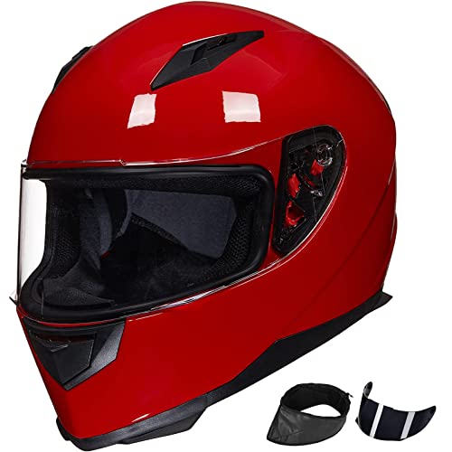 ILM Full Face Motorcycle Street Bike Helmet with Removable Winter Neck Scarf + 2 Visors DOT Model-JK313 (M, Bright Red) - Image 1
