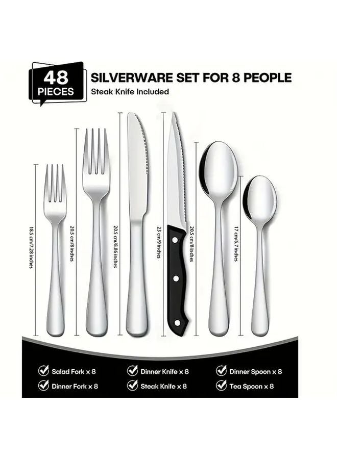48 Pcs Stainless Steel Silverware Set With Steak Knives And Storage Box - Image 2