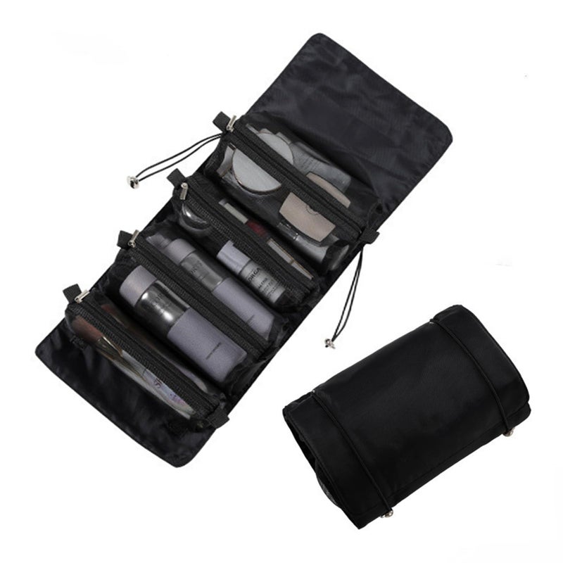 4 in 1 Detachable Cosmefic Bag, Roll Up Makeup Organizer Bag Toiletry Bag, Folding Cosmetic Travel Bags with Hook and Loop for Gym Camping Grooming (Black)