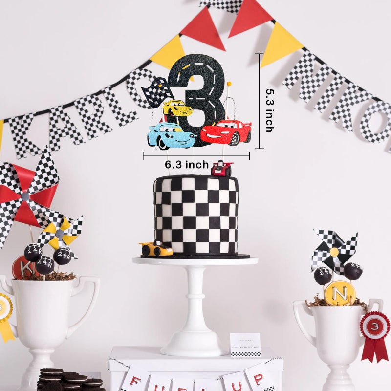 MEMOVAN Race Car 3rd Cake Topper 3th Racing Car Birthday Cake Topper Decoration for Racing Car Checkered Flag Themed Girl Boy 3 Years Birthday Party Supplies Double Sided - Image 2