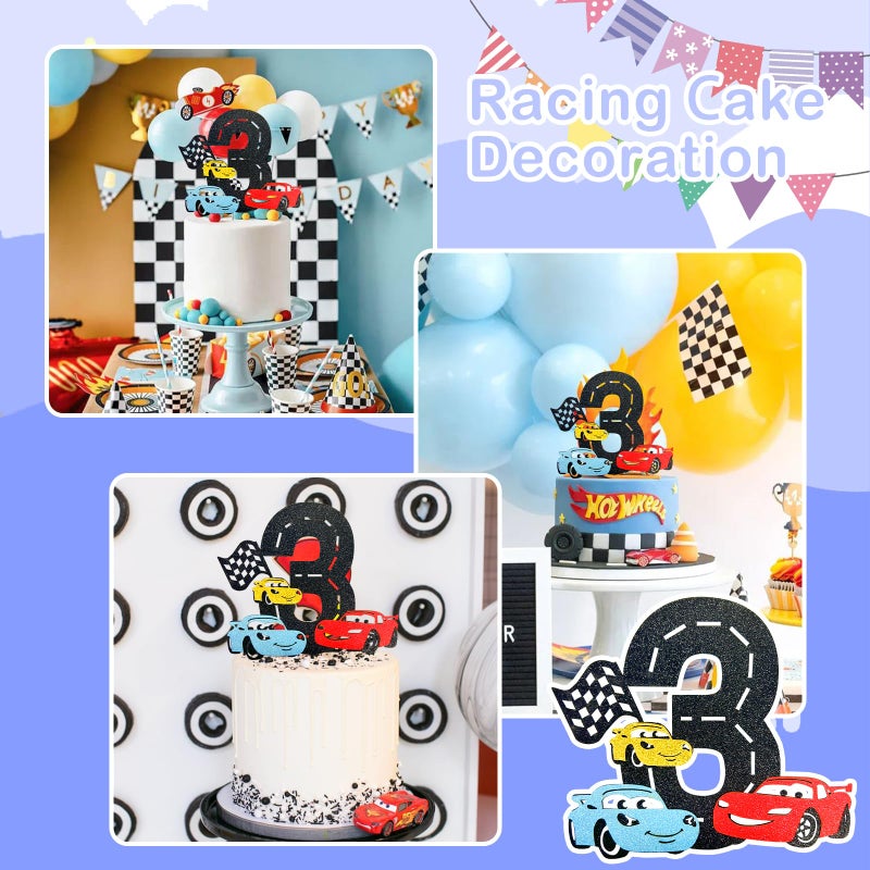MEMOVAN Race Car 3rd Cake Topper 3th Racing Car Birthday Cake Topper Decoration for Racing Car Checkered Flag Themed Girl Boy 3 Years Birthday Party Supplies Double Sided - Image 4