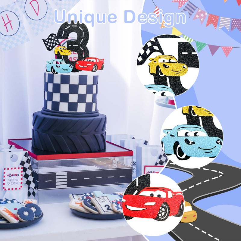 MEMOVAN Race Car 3rd Cake Topper 3th Racing Car Birthday Cake Topper Decoration for Racing Car Checkered Flag Themed Girl Boy 3 Years Birthday Party Supplies Double Sided - Image 3