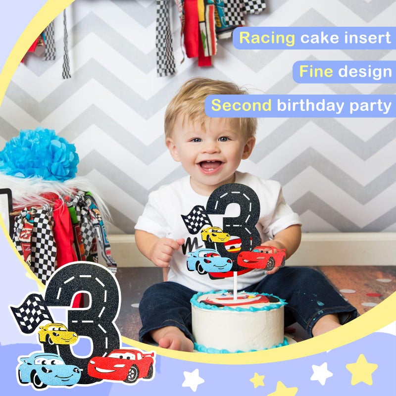 MEMOVAN Race Car 3rd Cake Topper 3th Racing Car Birthday Cake Topper Decoration for Racing Car Checkered Flag Themed Girl Boy 3 Years Birthday Party Supplies Double Sided - Image 5