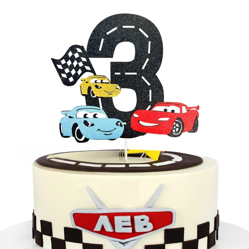 MEMOVAN Race Car 3rd Cake Topper 3th Racing Car Birthday Cake Topper Decoration for Racing Car Checkered Flag Themed Girl Boy 3 Years Birthday Party Supplies Double Sided - Image 1